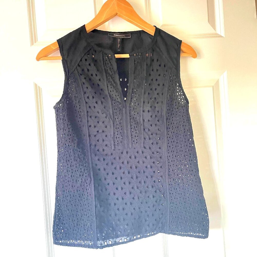 BCBGMAXAZRIA Women's "Camy" Black Eyelet Split Neck Tank Top Size XS